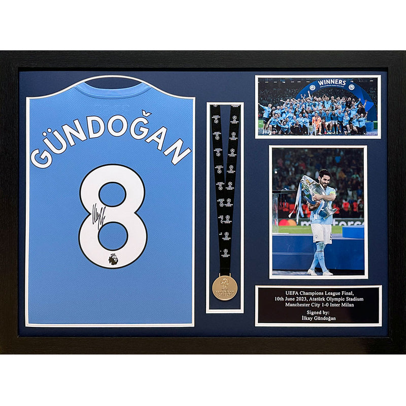 Gundogan Signed Manchester City Shirt & Medal (Framed)